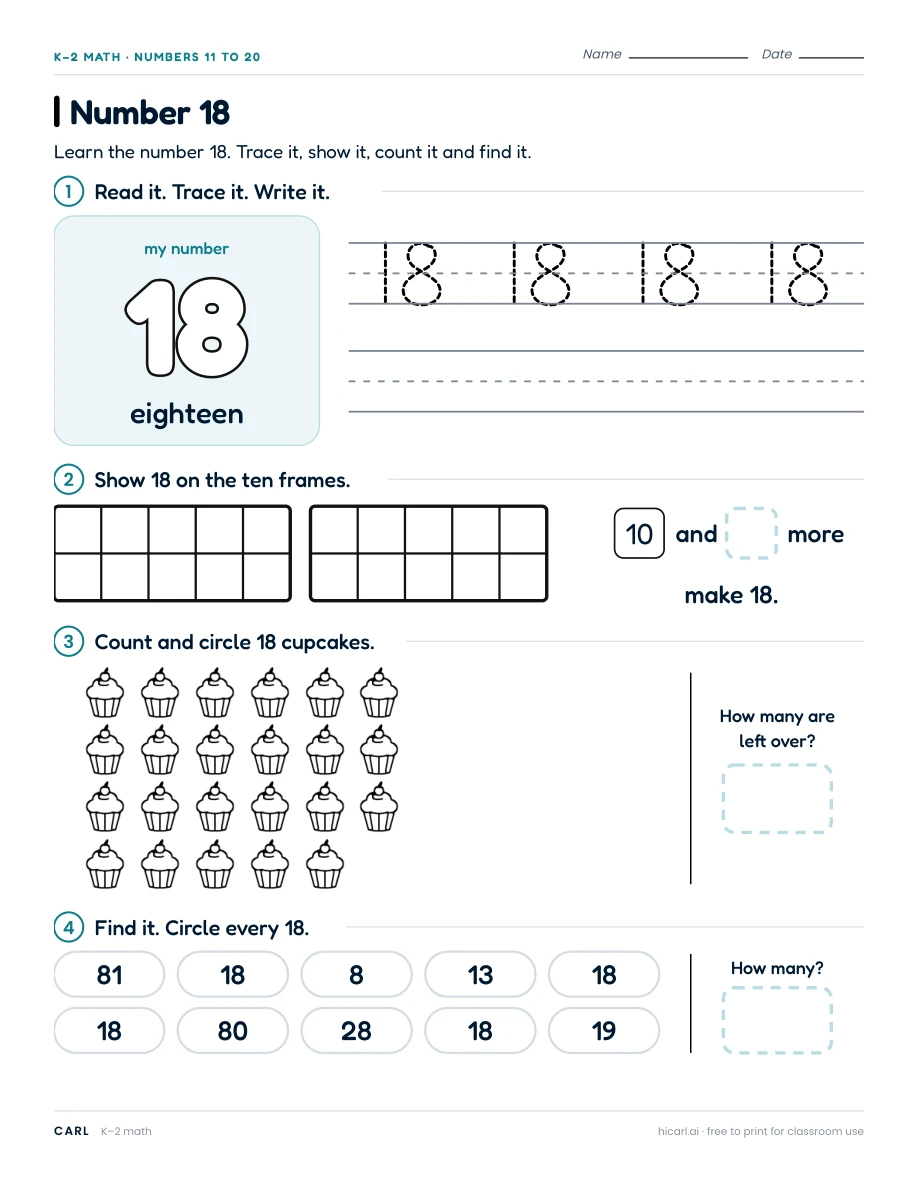 Number 18 worksheet preview