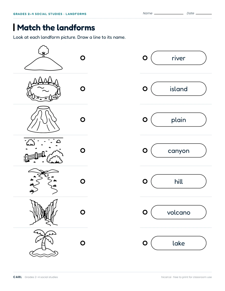 Match the landforms worksheet preview
