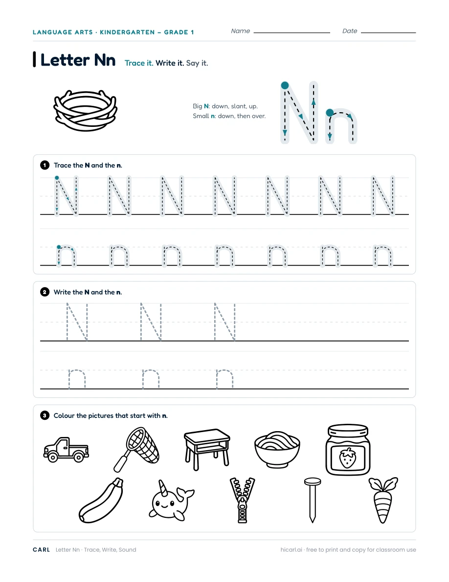Letter N worksheet — page 1 of 1