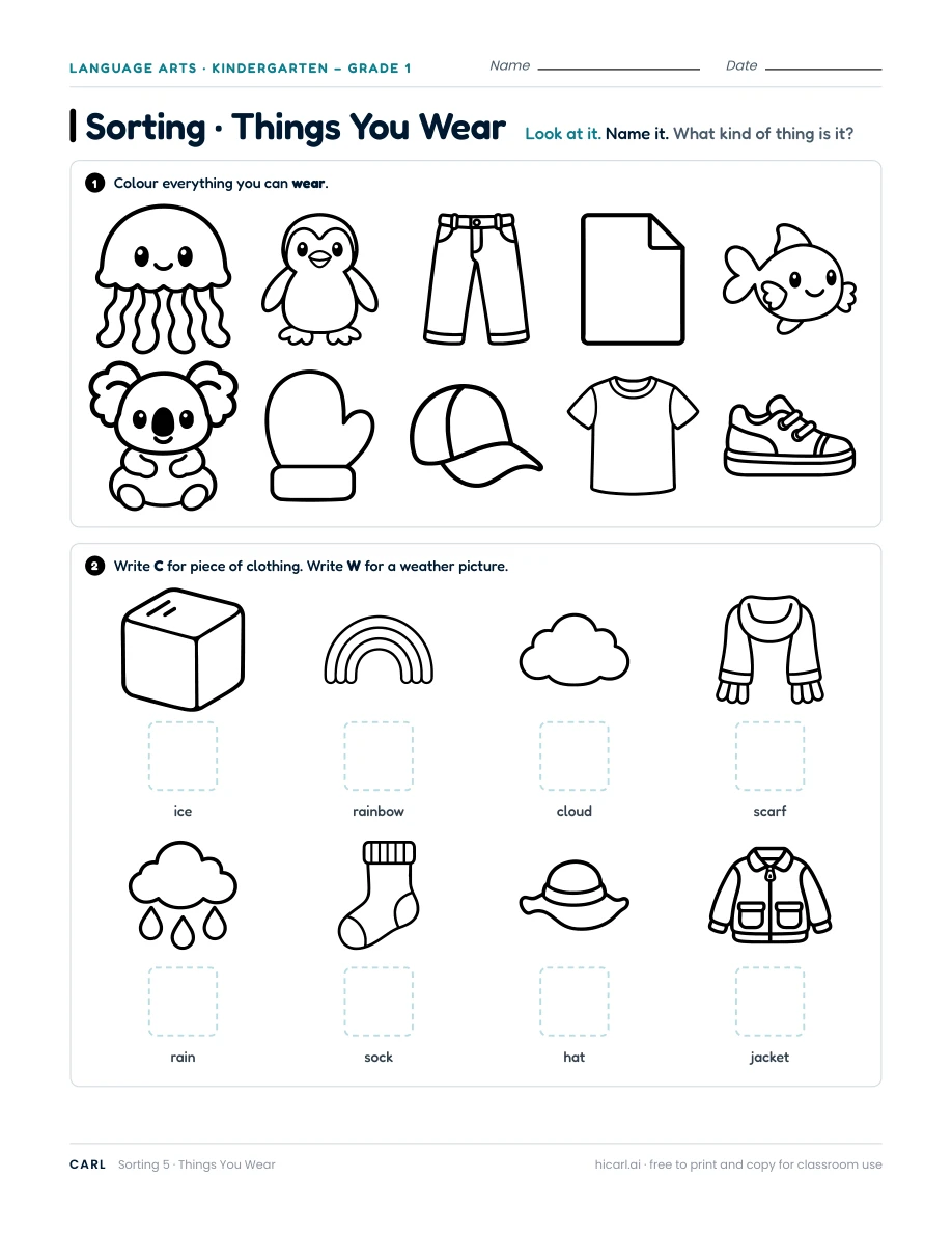 Things You Wear sorting worksheet — page 1 of 1