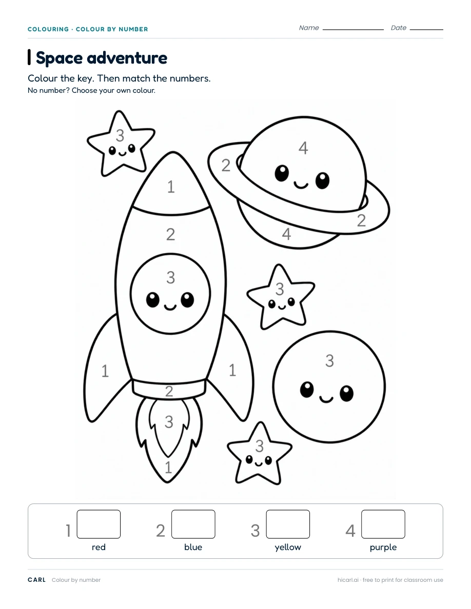 Colour by number: space adventure worksheet preview