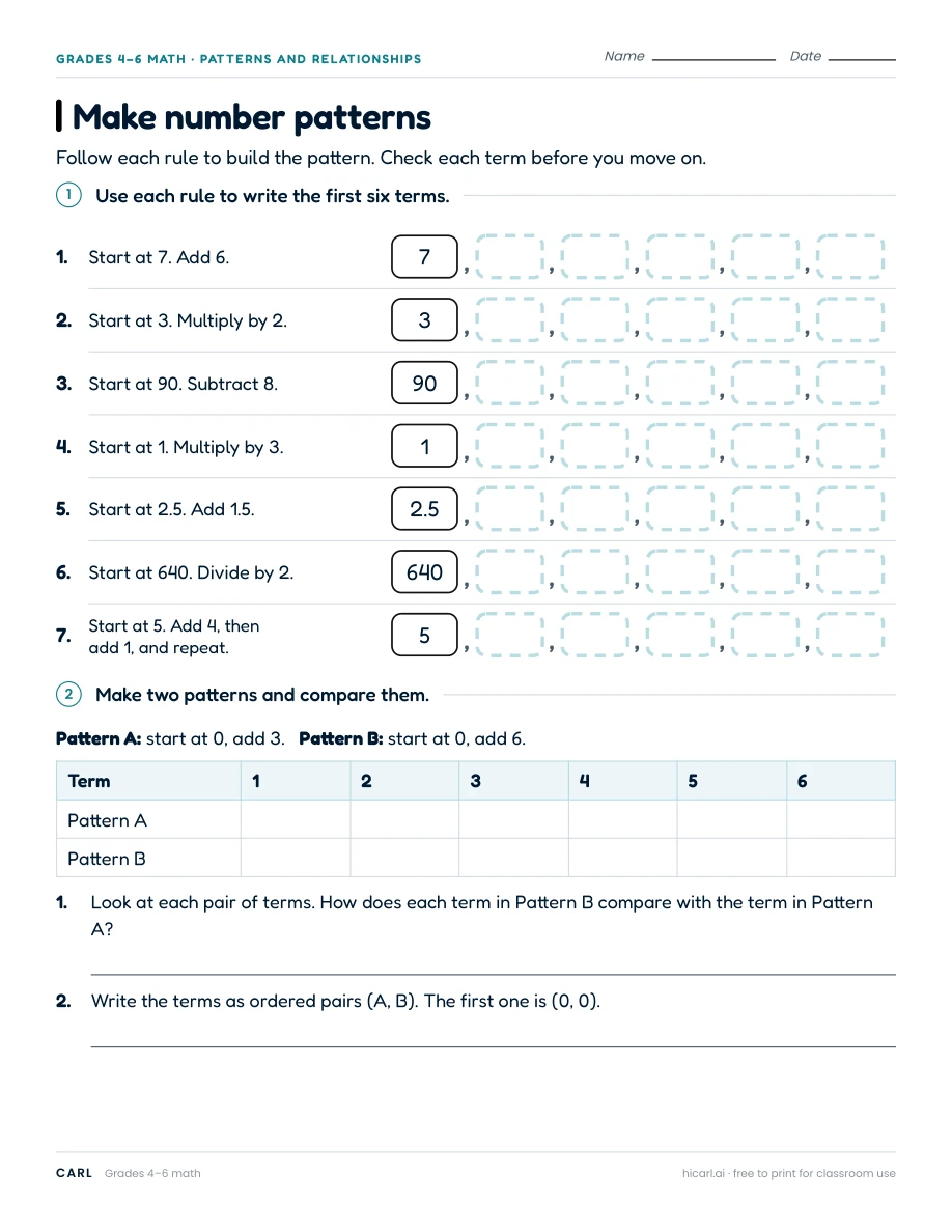 Make number patterns worksheet preview