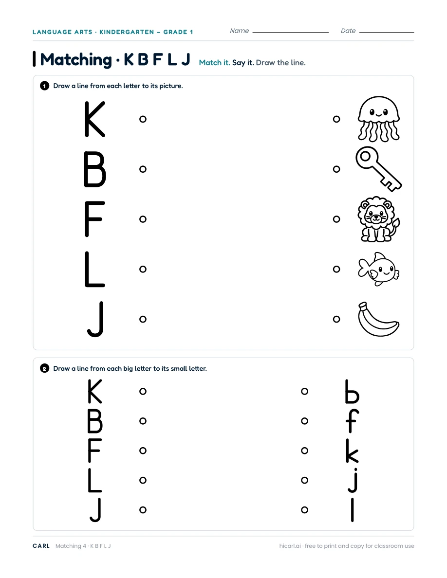 K, B, F, L, J matching worksheet — page 1 of 1