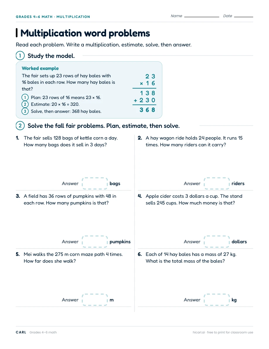 Multiplication word problems worksheet preview