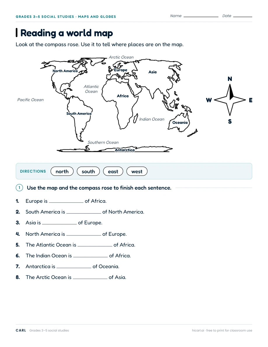 Reading a world map worksheet preview