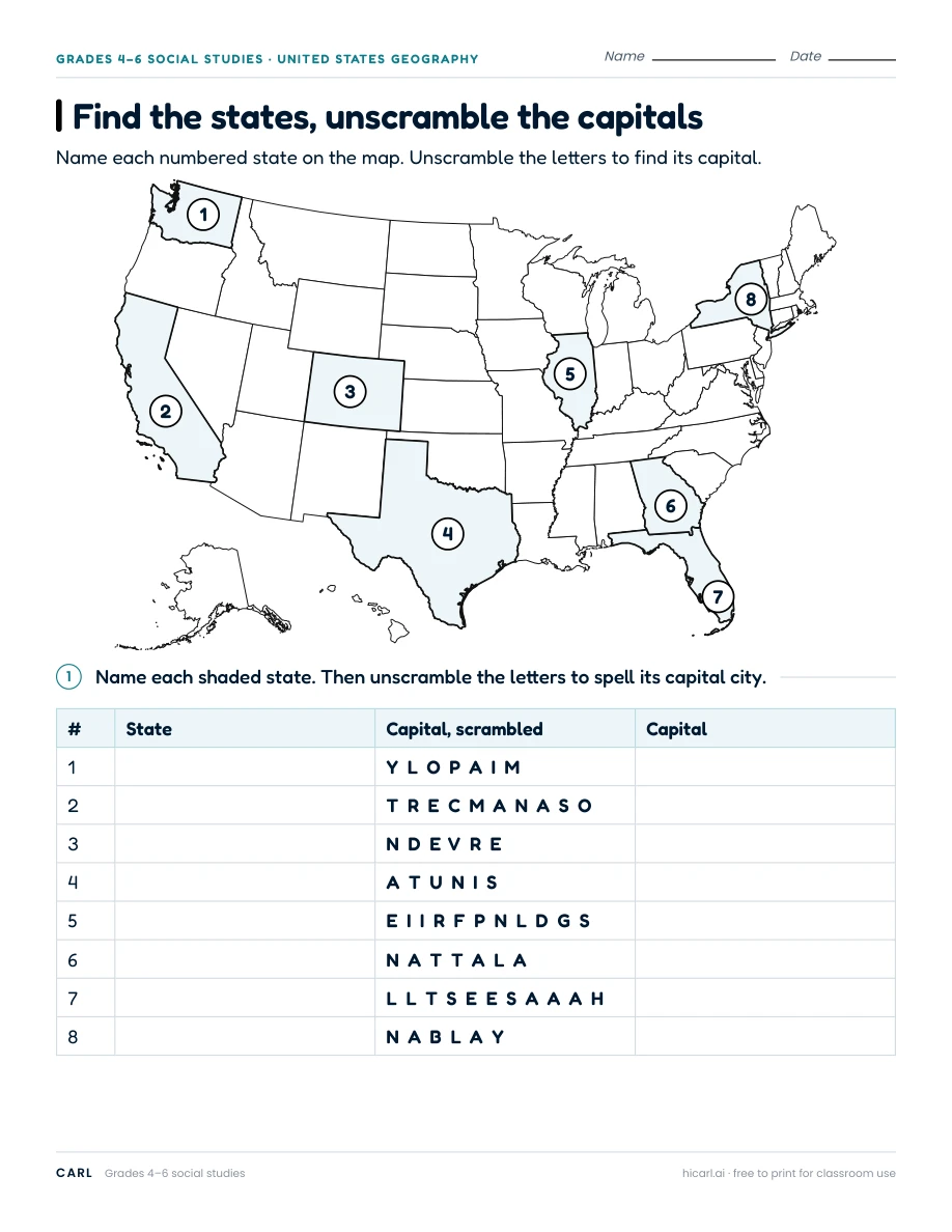 US capital map practice worksheets preview