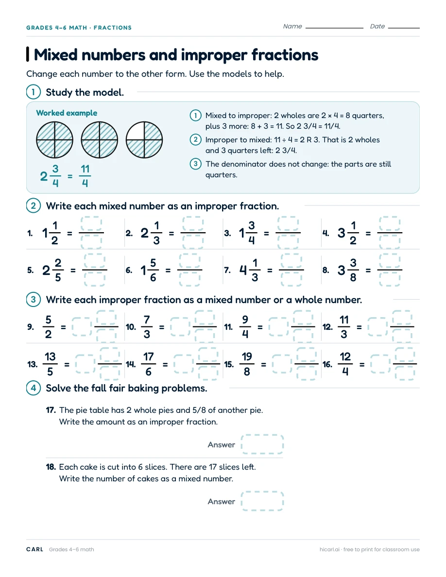 Mixed numbers and improper fractions worksheet preview