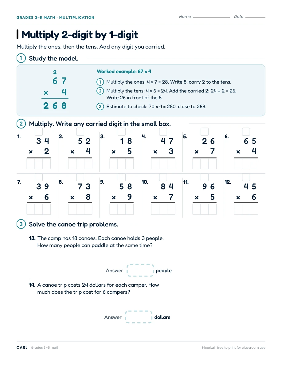 Multiplication by tens and single digits worksheets preview