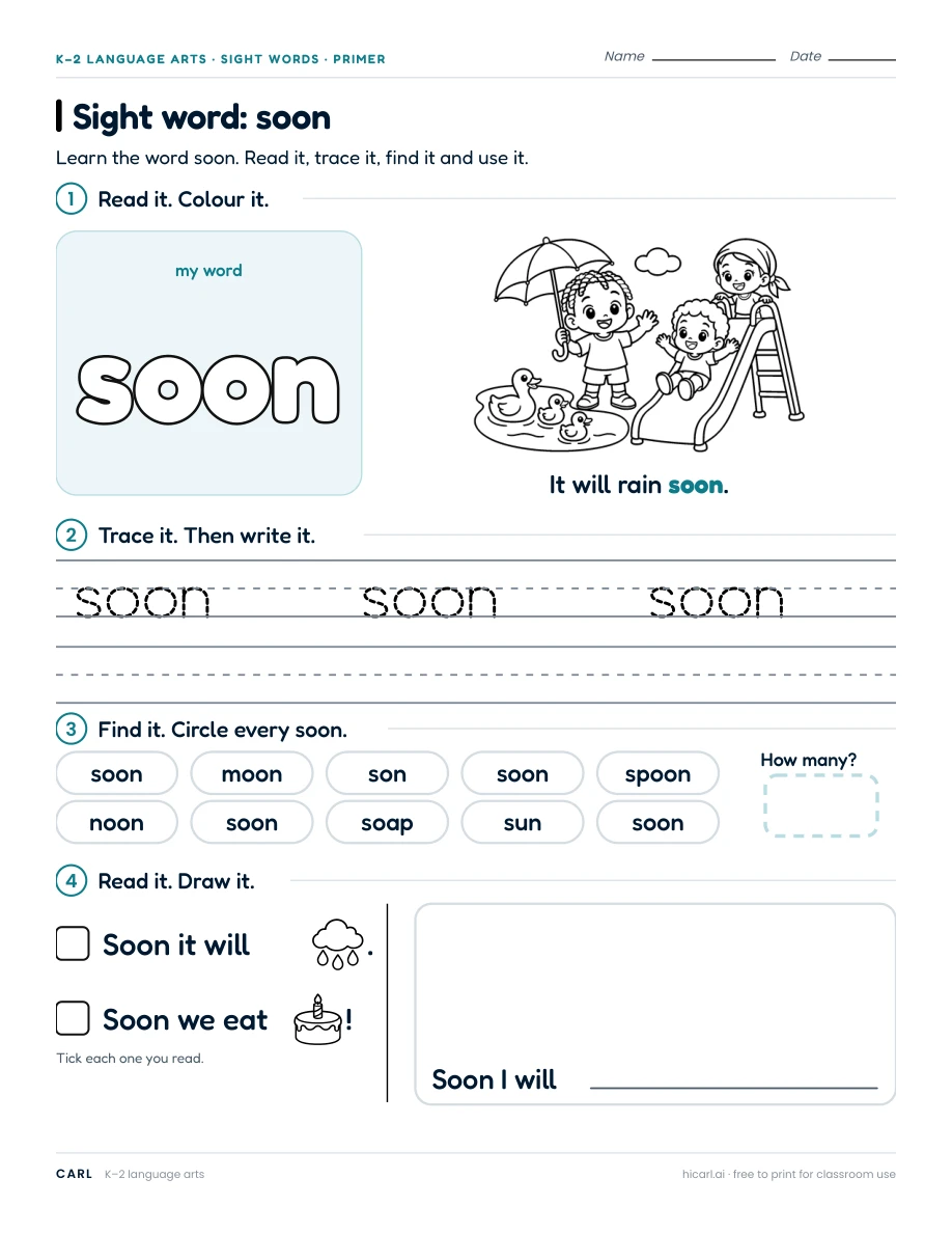 Sight word: soon preview