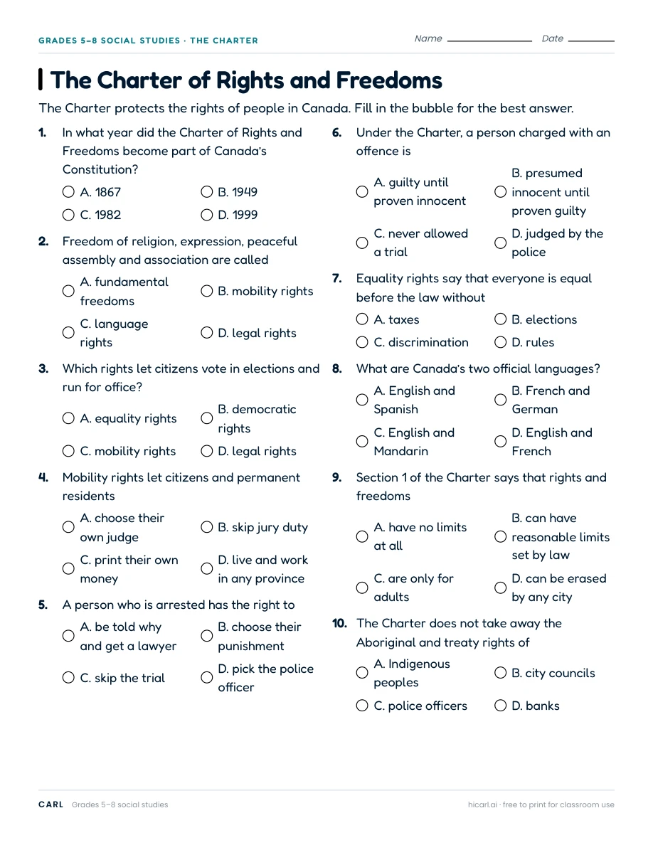 The Charter of Rights and Freedoms worksheet preview