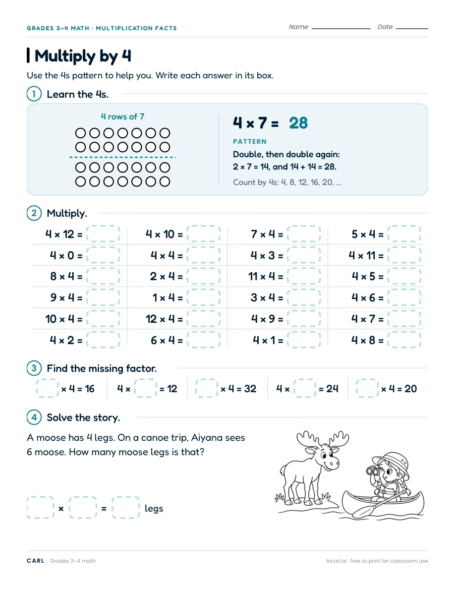 Multiply by 4 worksheet preview