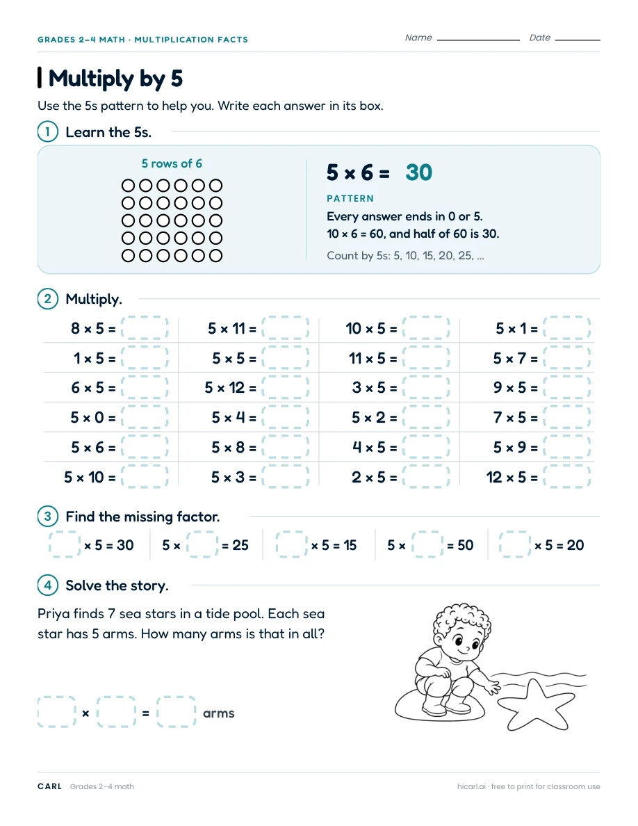 Multiply by 5 worksheet preview