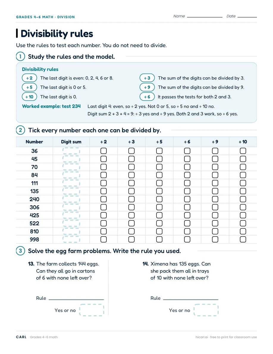 Divisibility rules worksheet preview