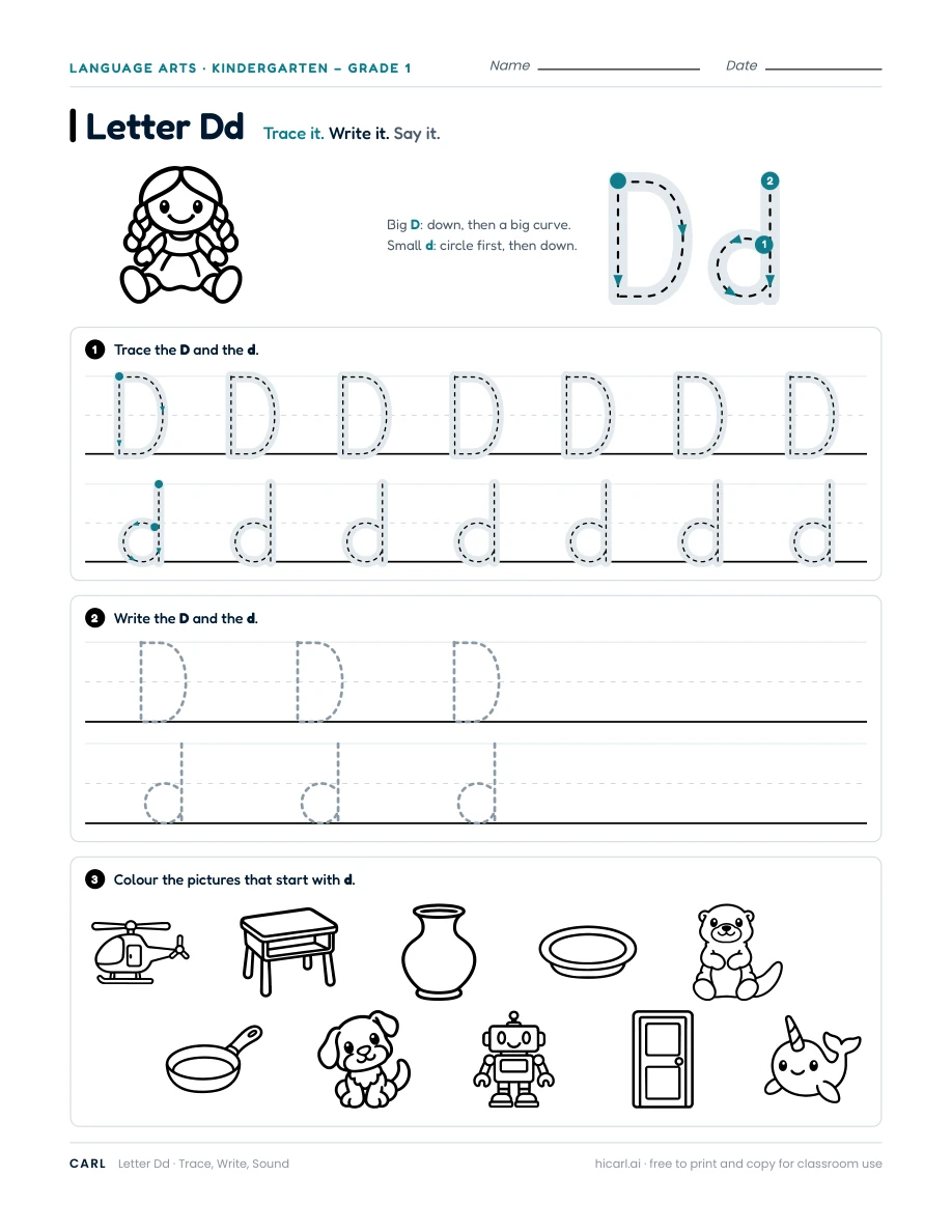 Letter D worksheet — page 1 of 1