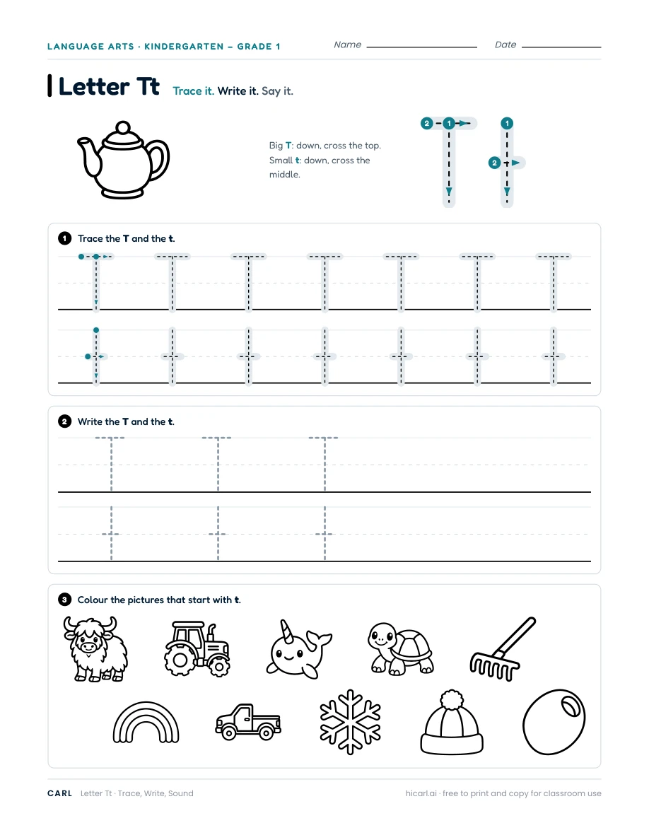 Letter T worksheet — page 1 of 1