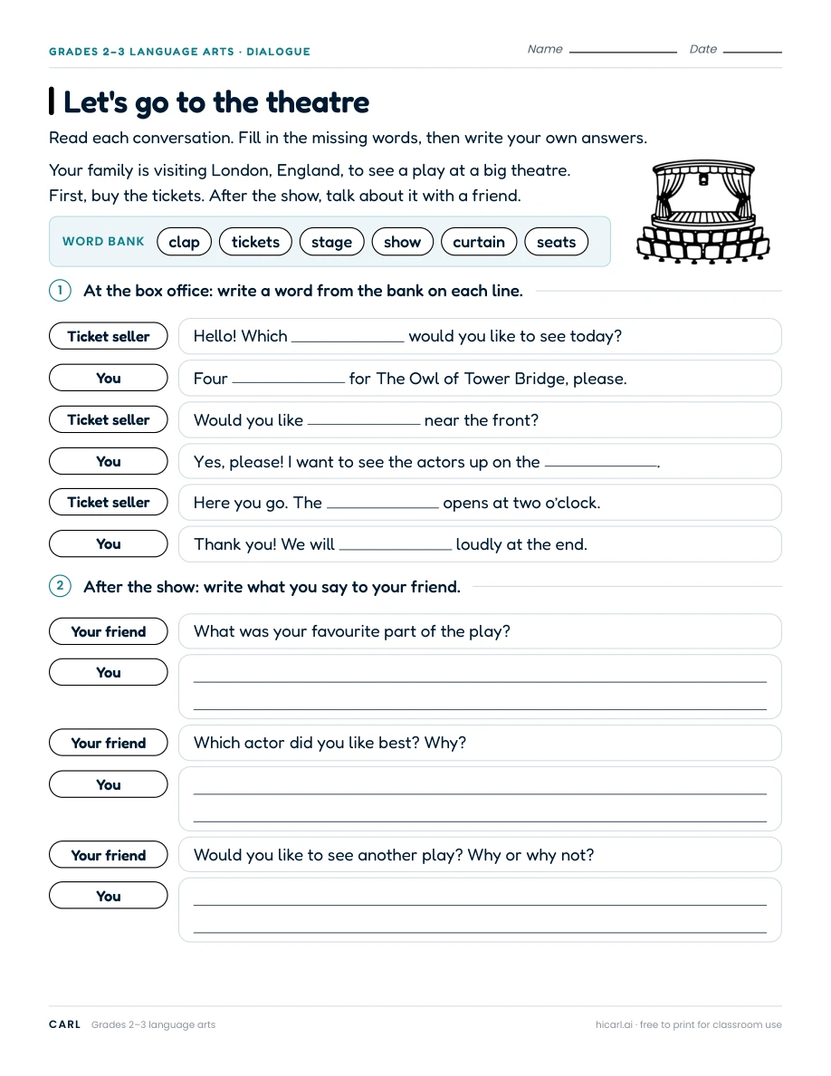 Let's go to the theatre worksheet preview