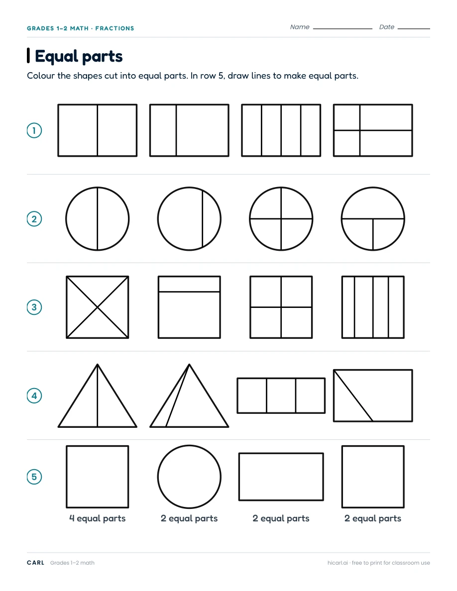 Equal parts and fraction model worksheets preview