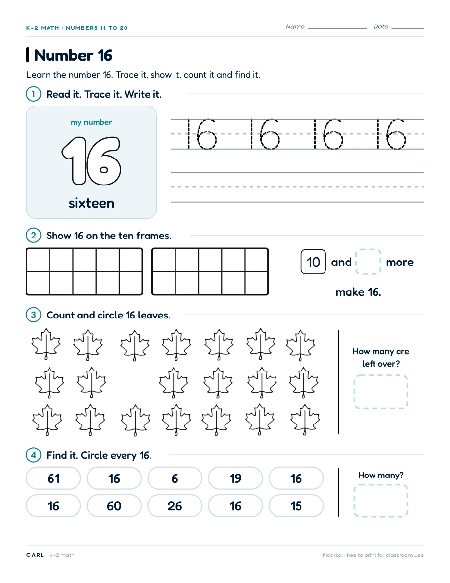 Number 16 worksheet preview