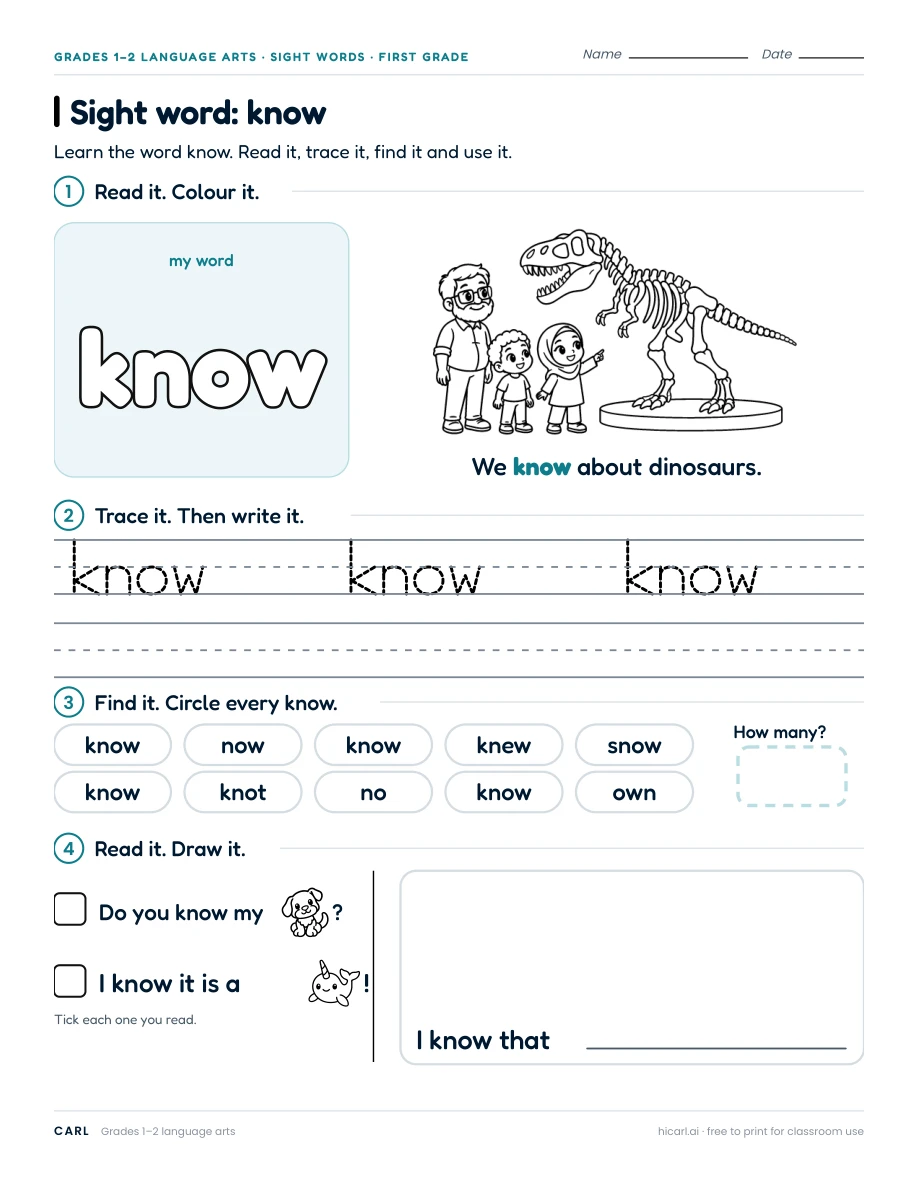 Sight word: know preview