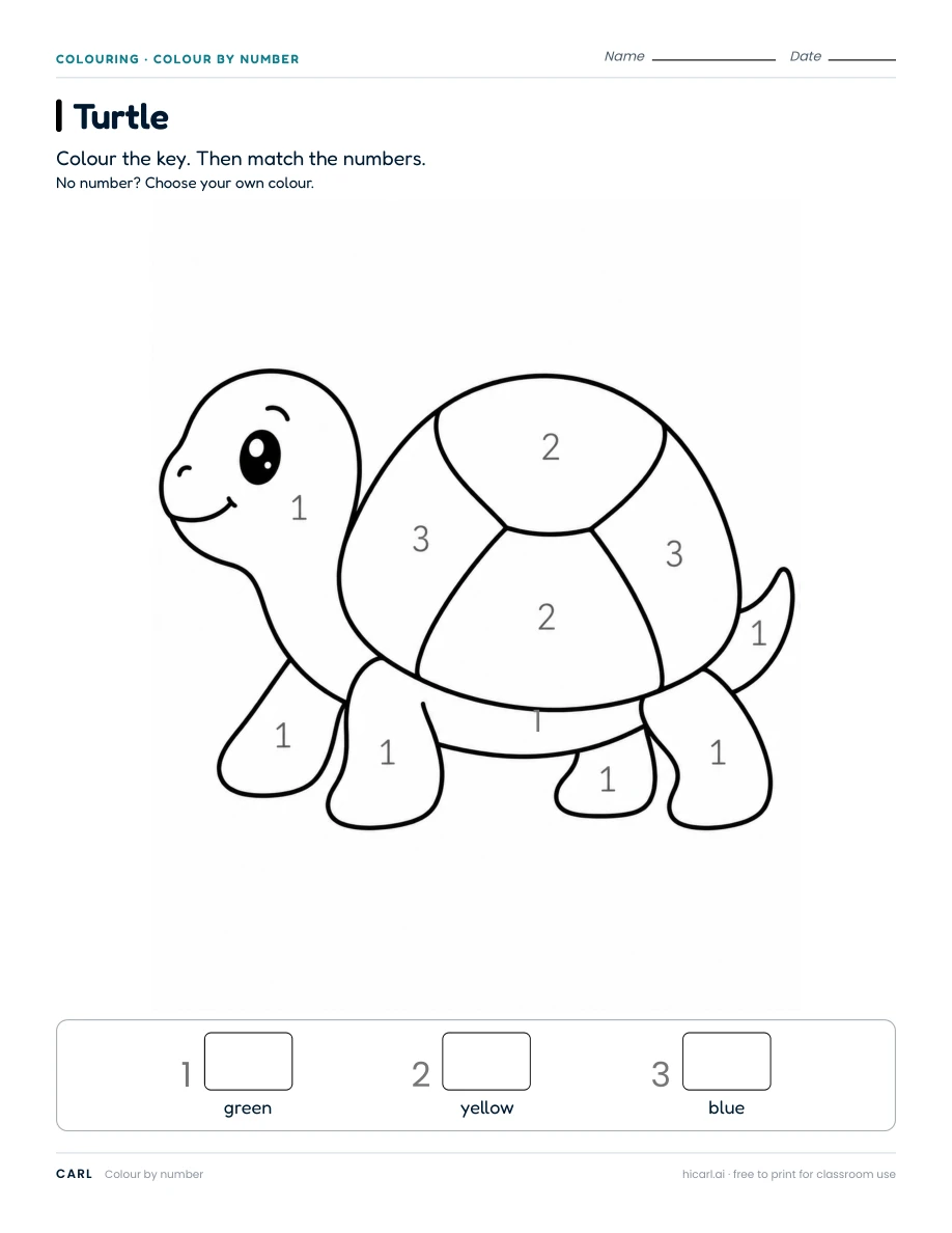 Colour by number: turtle worksheet preview