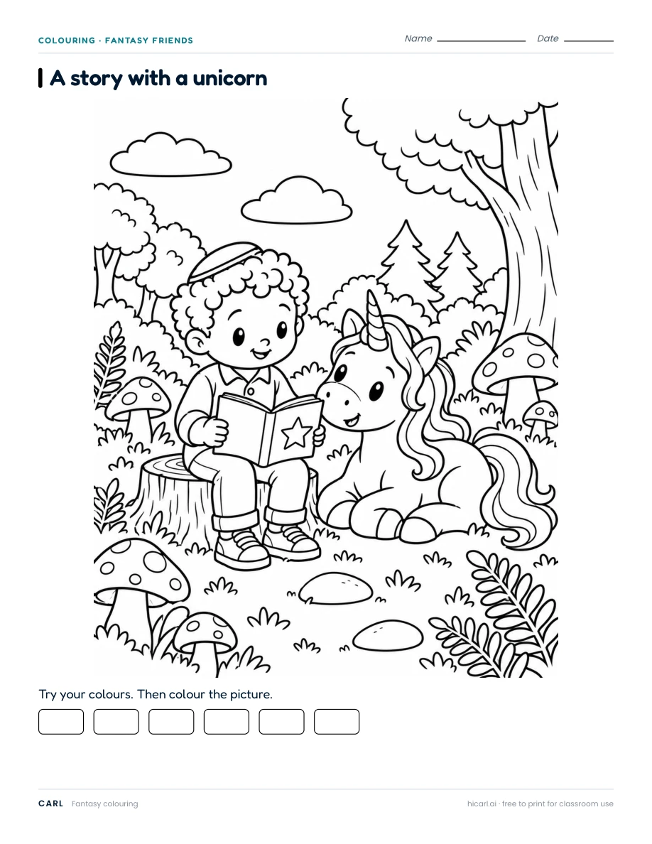 Story with a Unicorn 1 colouring page preview