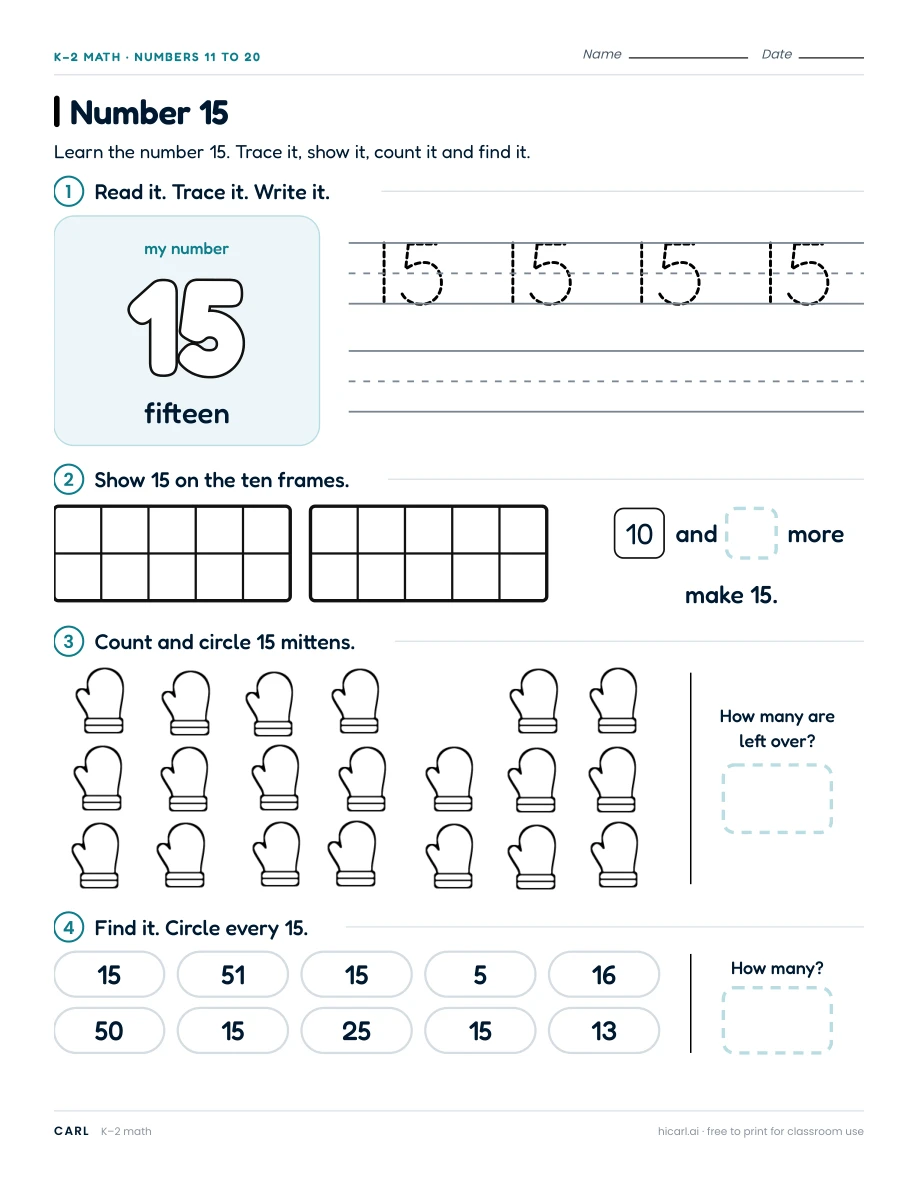 Number 15 worksheet preview