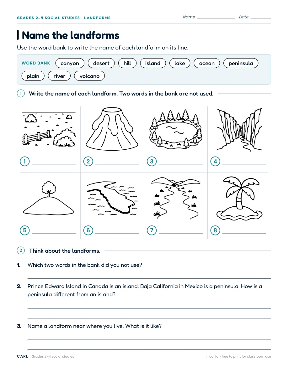 Name the landforms worksheet preview