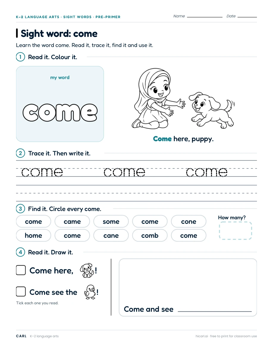 Sight word: come preview