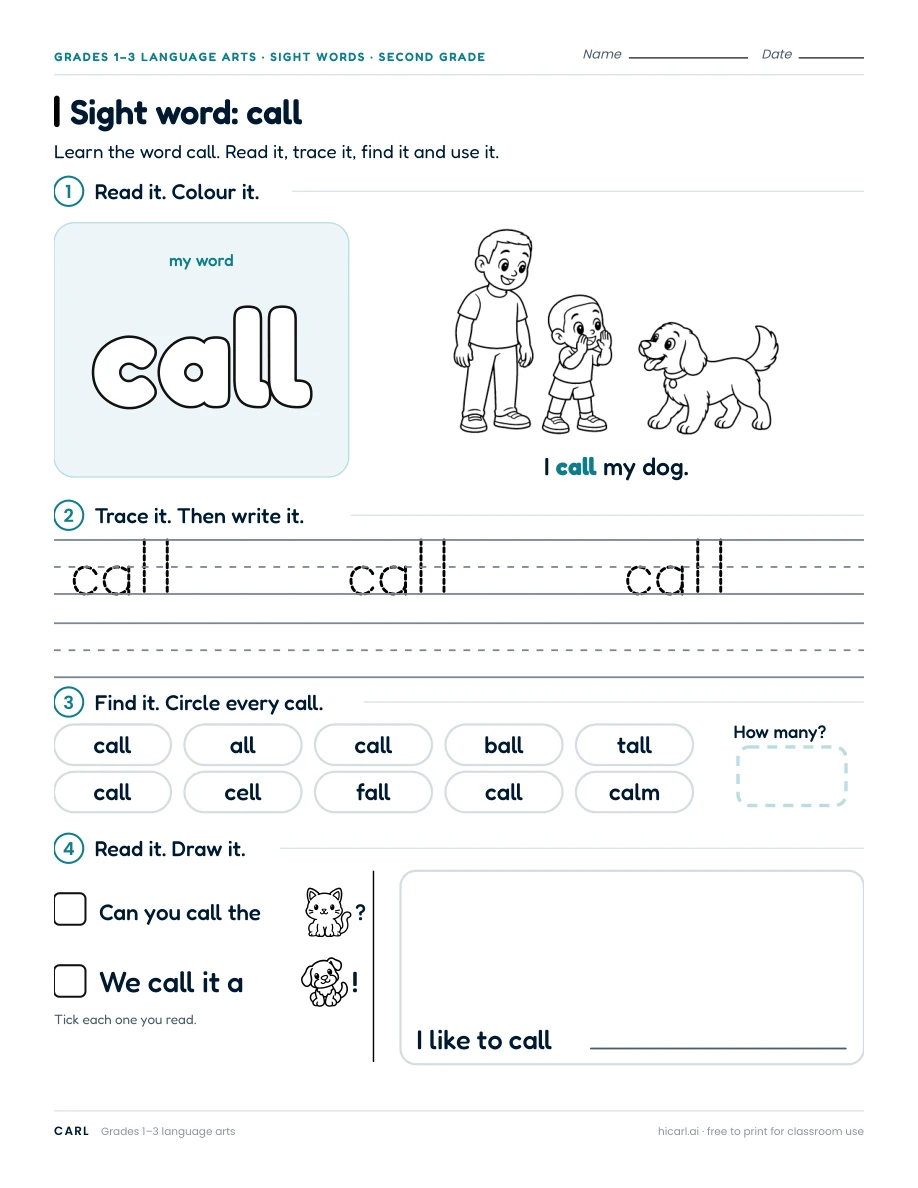 Sight word: call preview