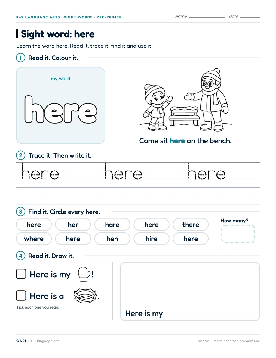 Sight word: here preview