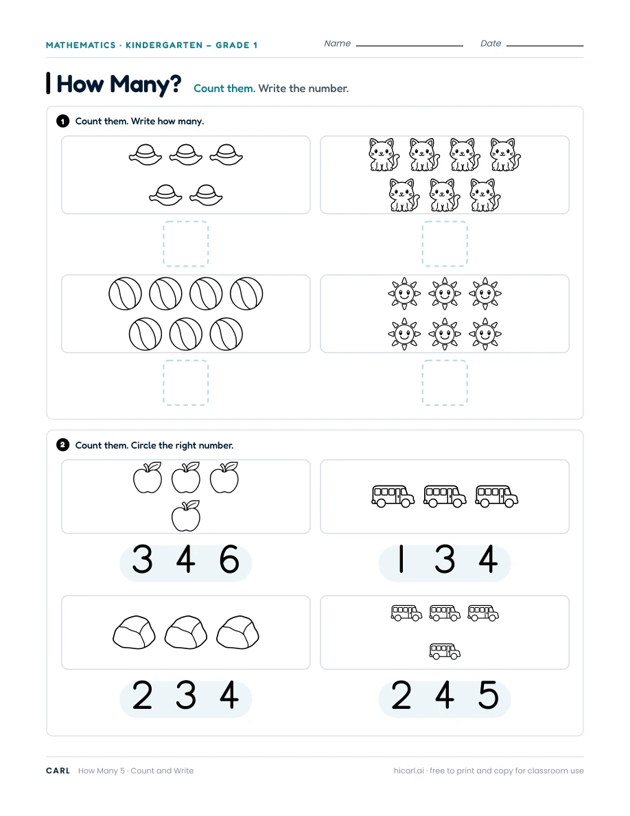 Count and write, sheet 5 — page 1 of 1