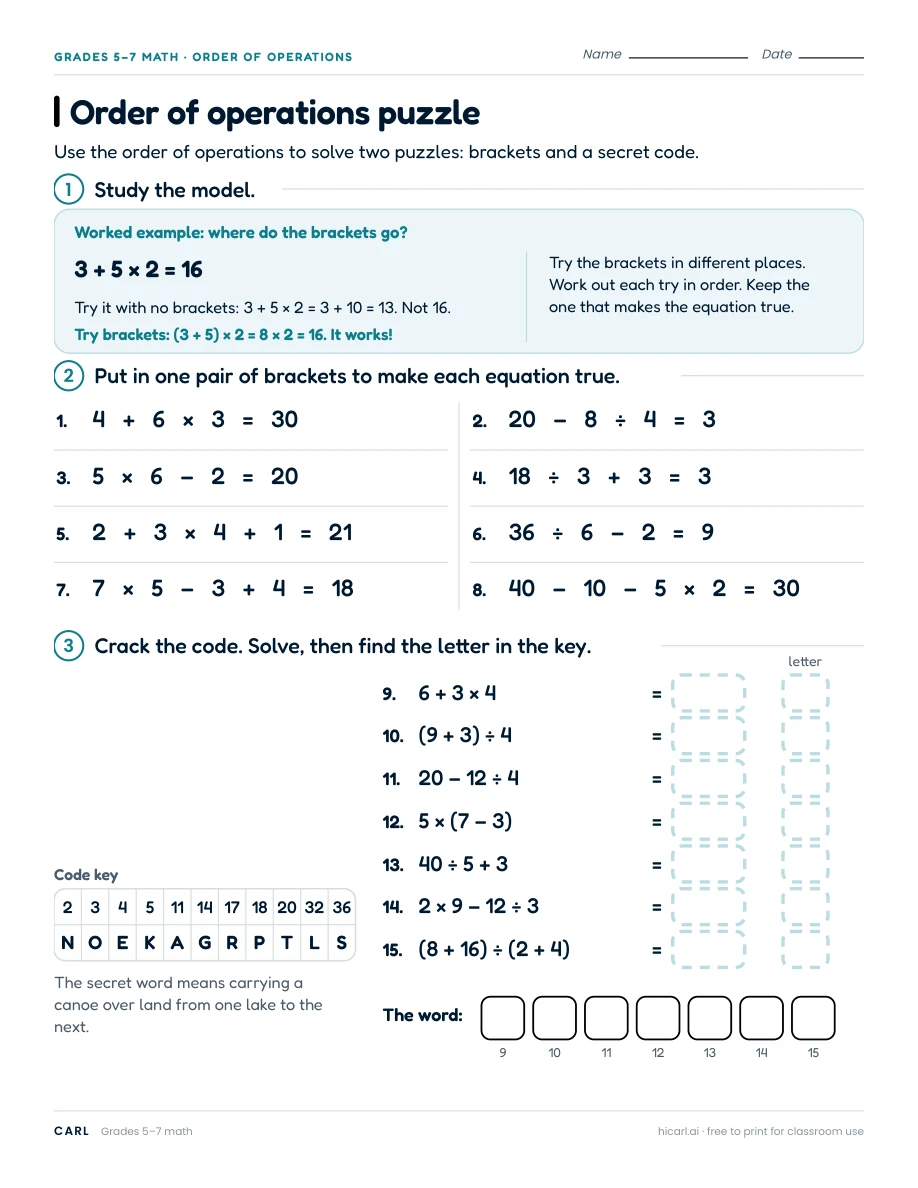 Brackets, exponents and order of operations worksheets preview