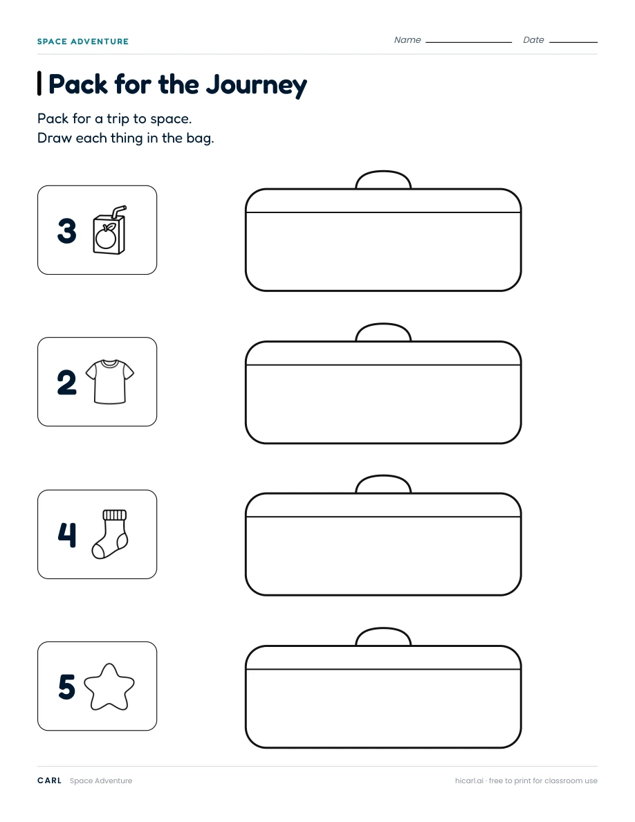 Space Adventure: Pack for the Journey worksheet preview