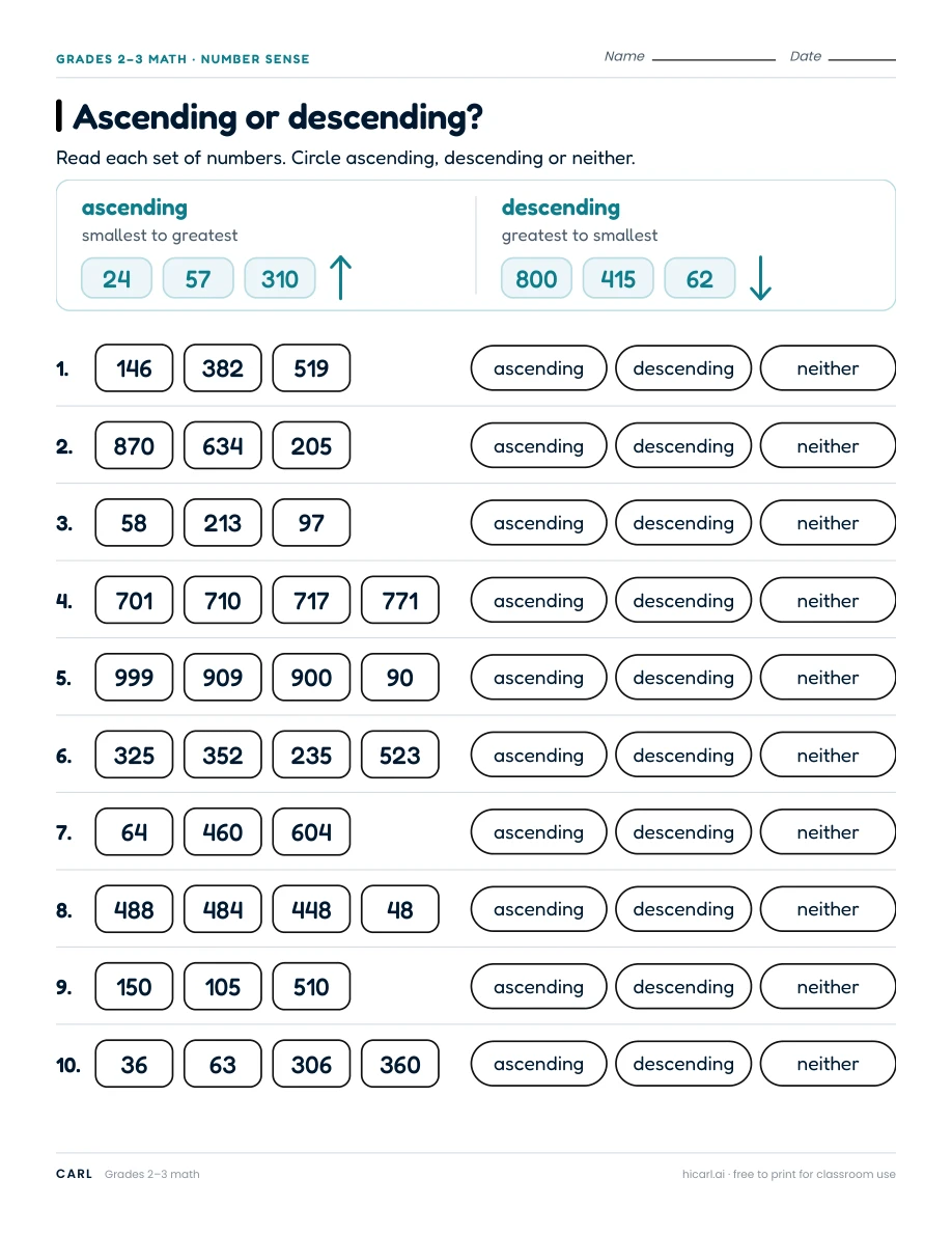 Ascending or descending? worksheet preview