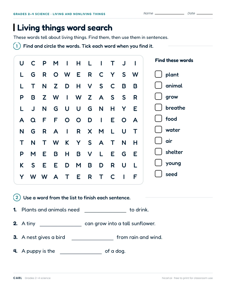 Living things word search worksheet preview