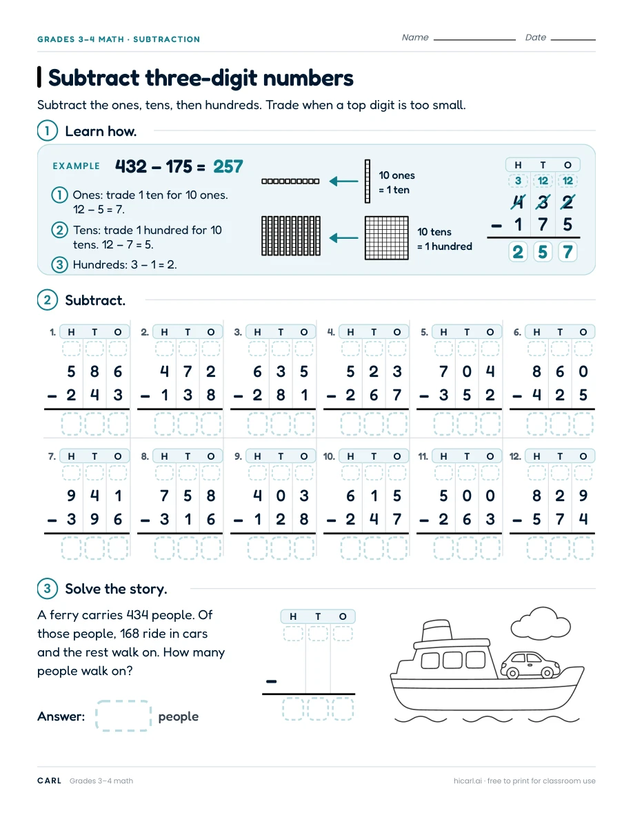 Subtract three-digit numbers worksheet preview