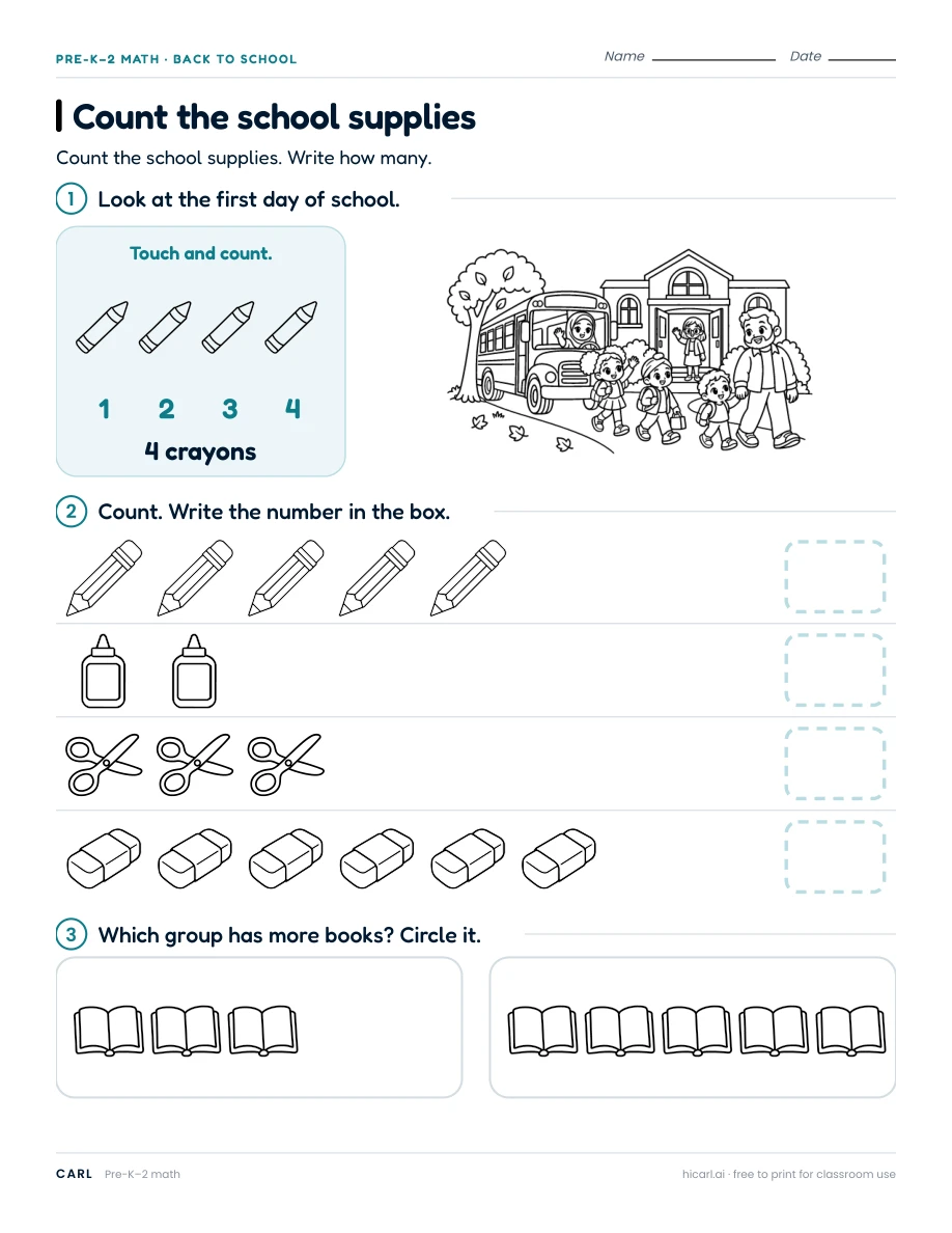 Count the school supplies worksheet preview
