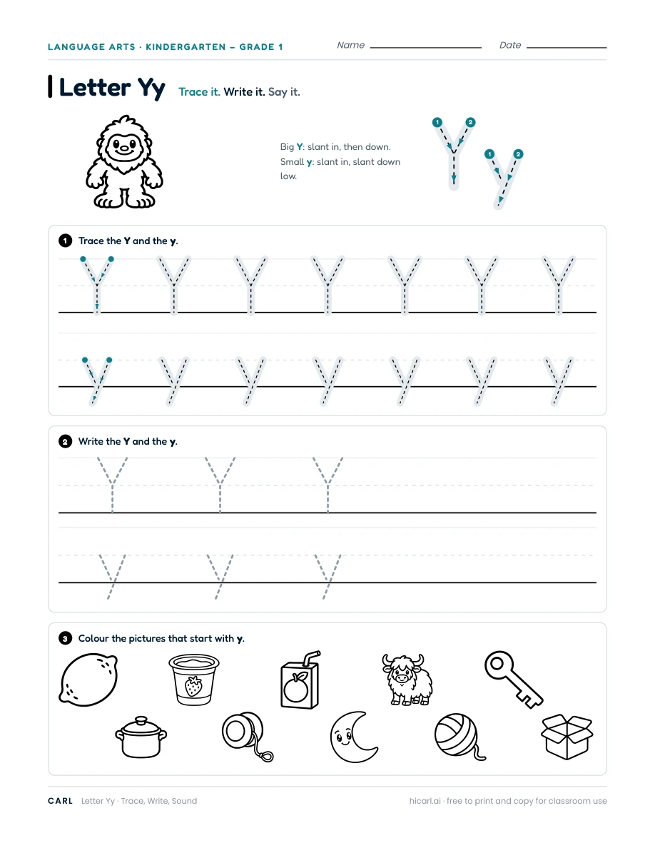 Letter Y worksheet — page 1 of 1