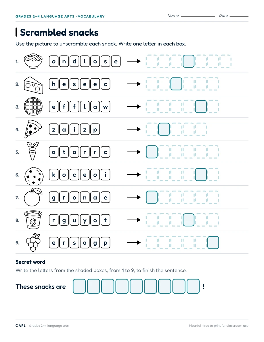 Scrambled snacks worksheet preview