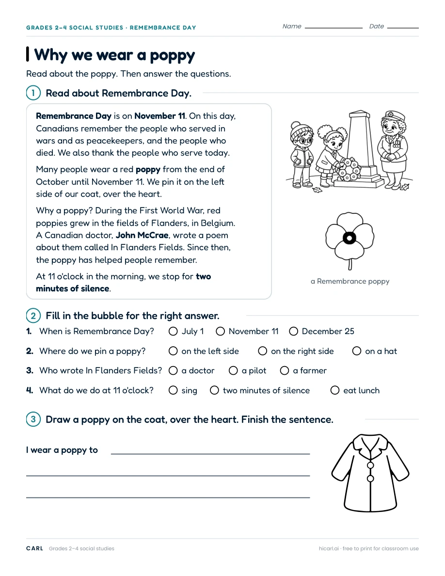 Remembrance Day reading and art activities preview