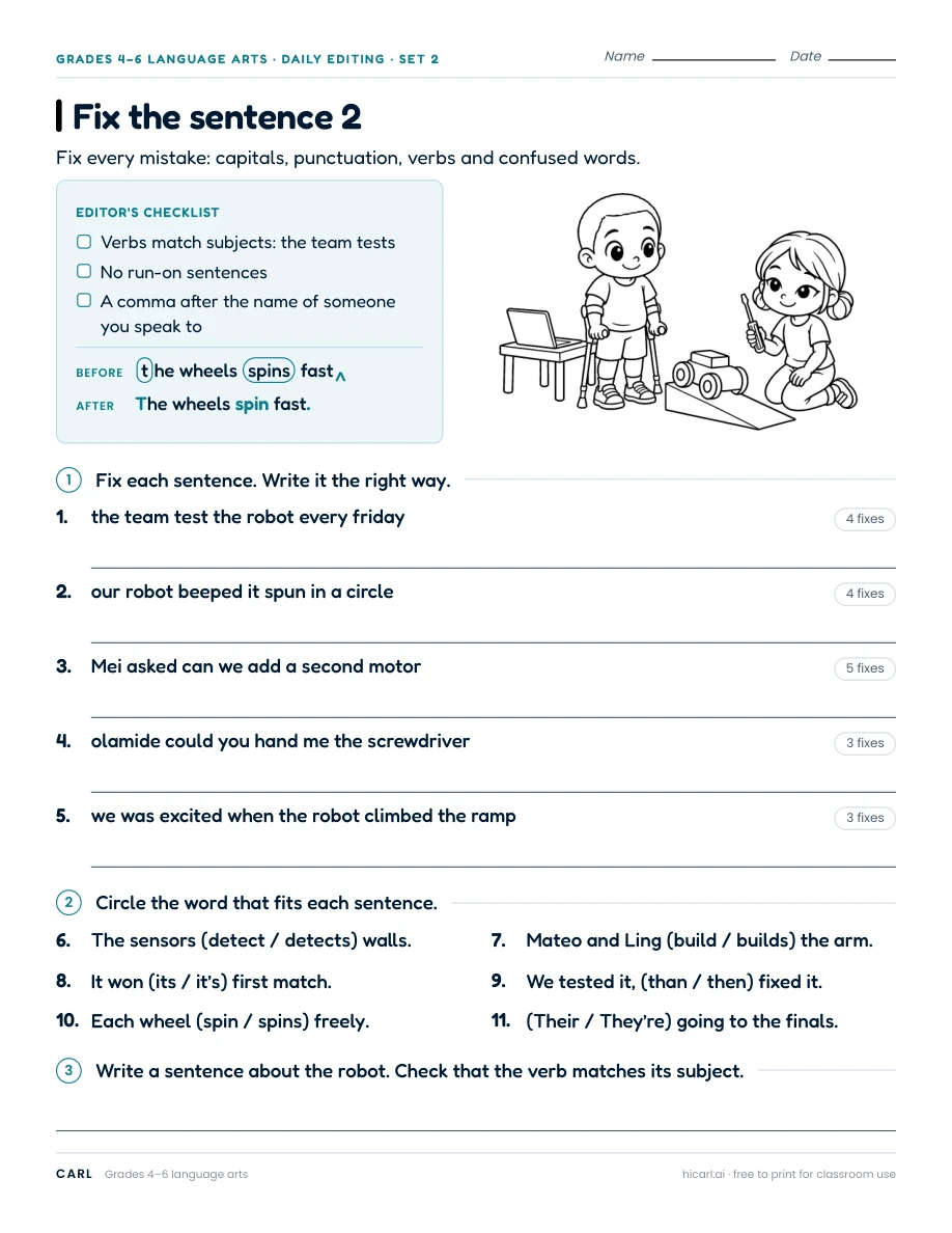 Sentence editing practice 11 (Grade 4, Grade 5, Grade 6) preview
