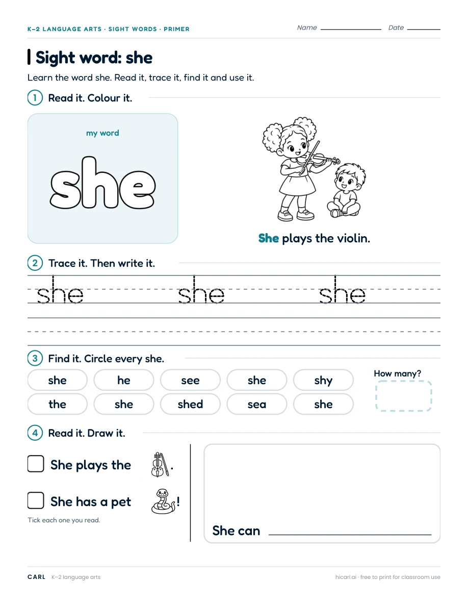 Sight word: she preview