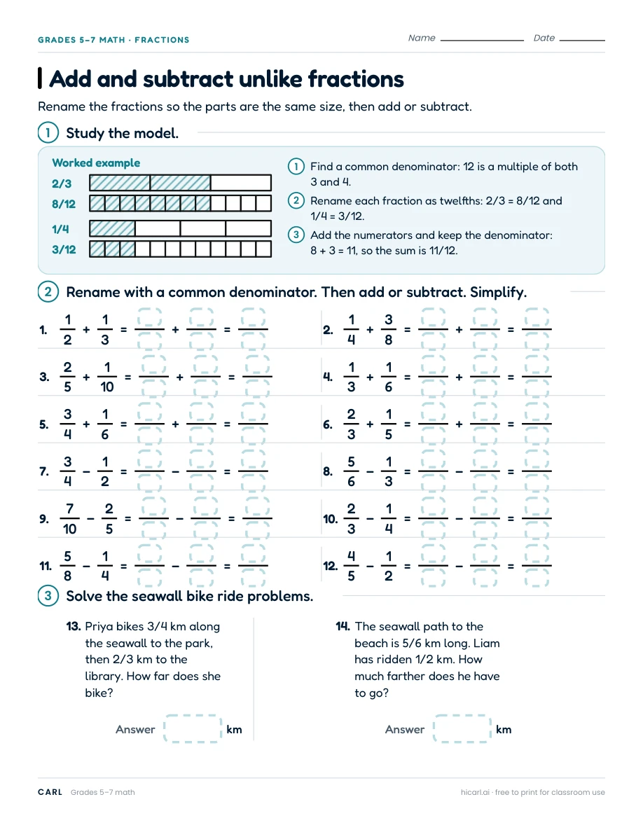 Add and subtract unlike fractions worksheet preview