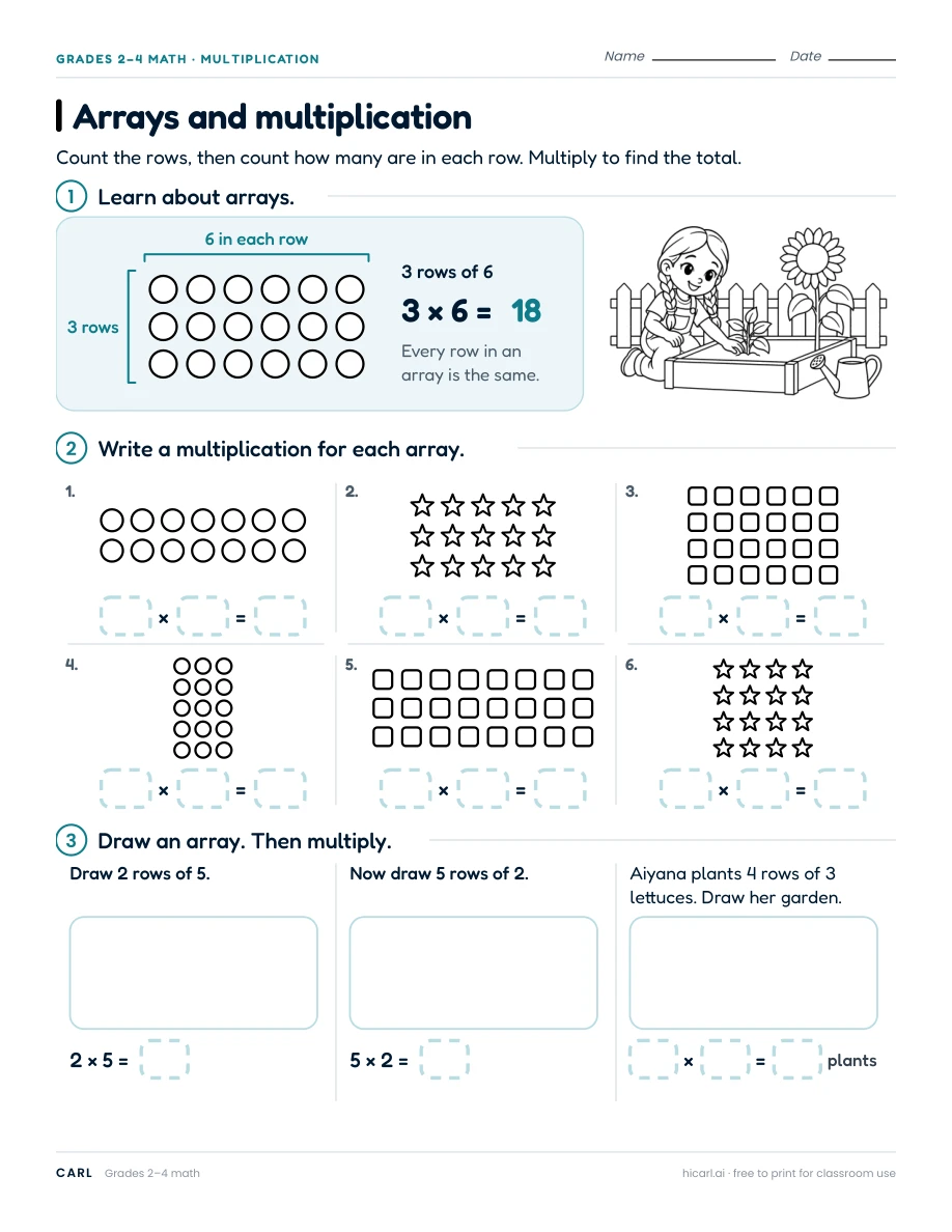 Arrays and multiplication worksheet preview