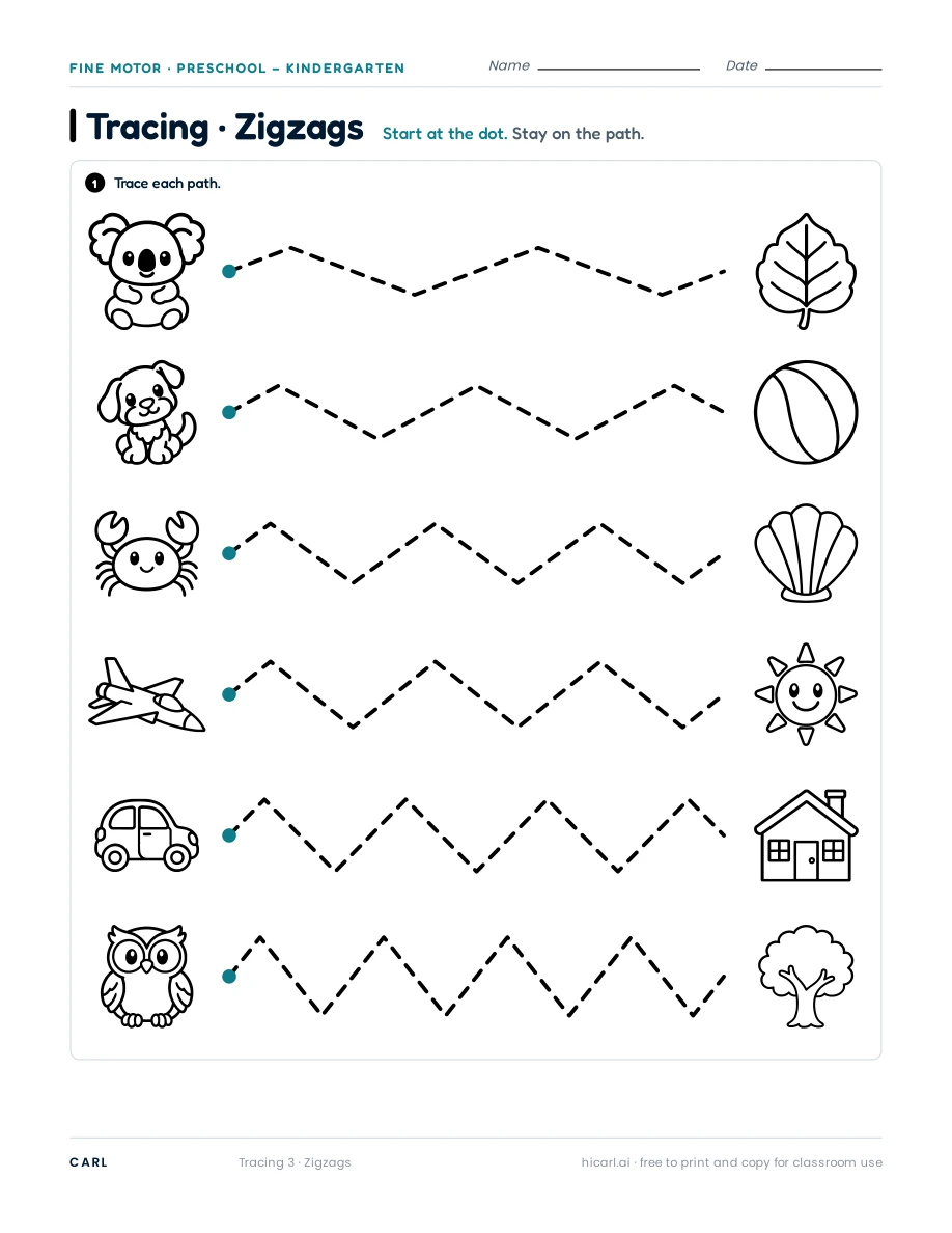 Zigzag paths tracing worksheet — page 1 of 1