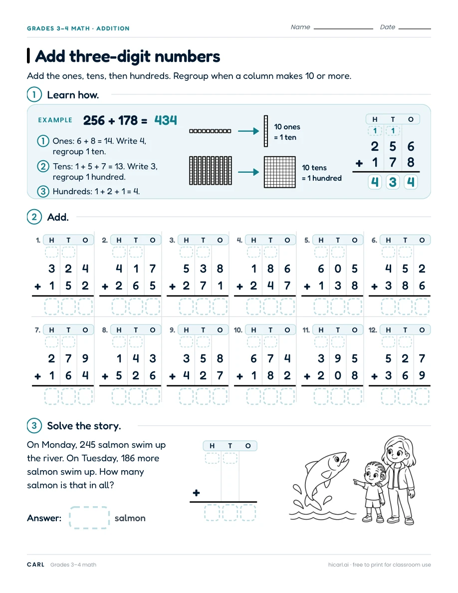 Add three-digit numbers worksheet preview