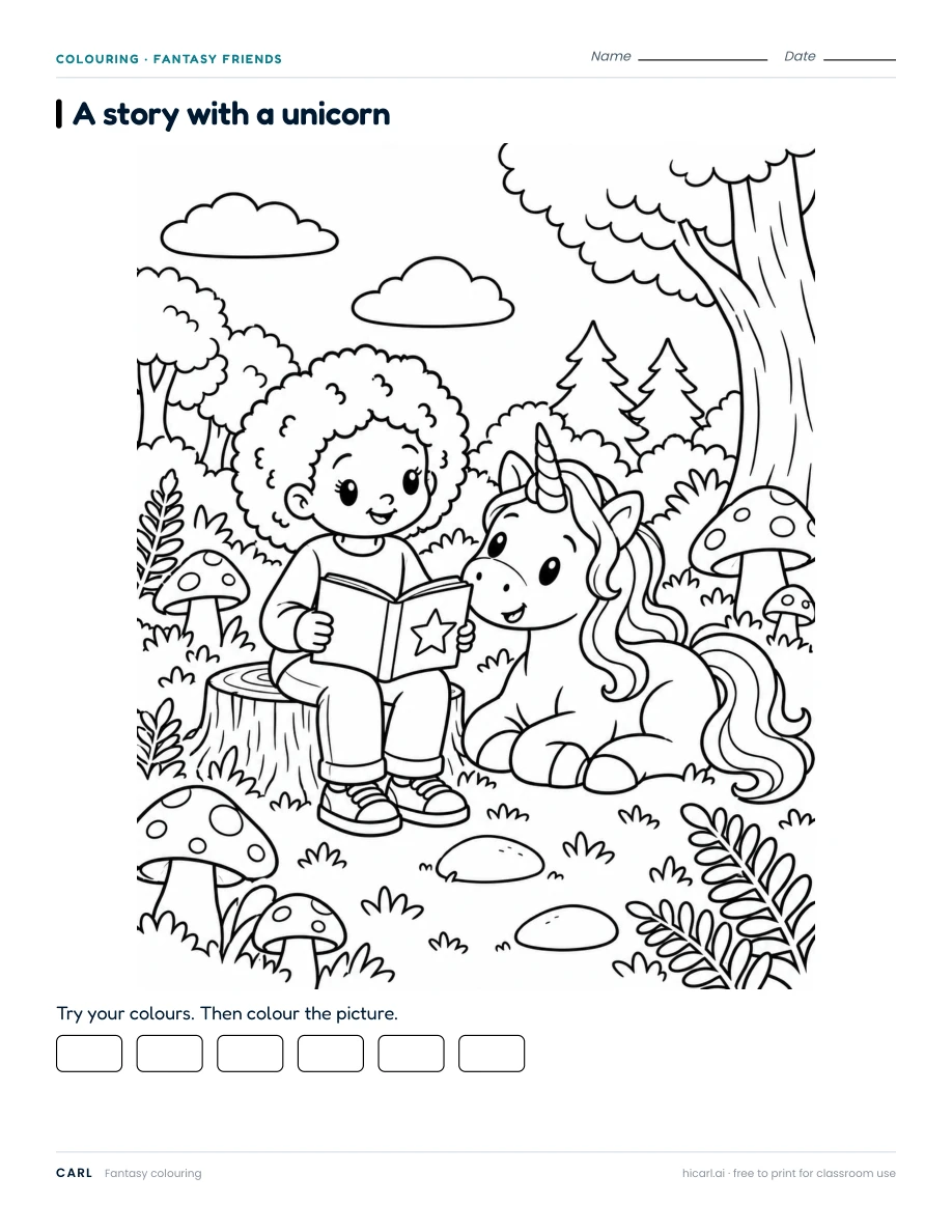 Story with a Unicorn 2 colouring page preview
