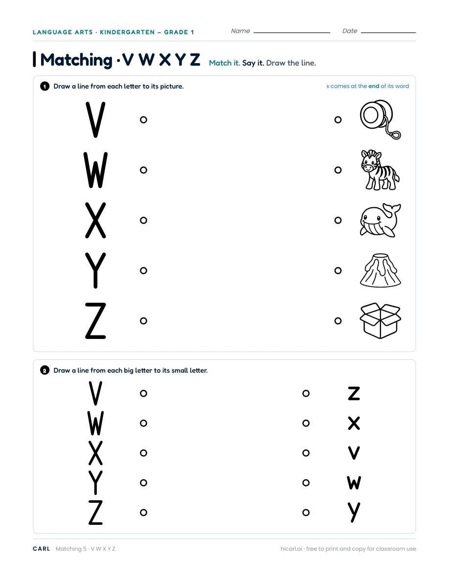 V, W, X, Y, Z matching worksheet — page 1 of 1