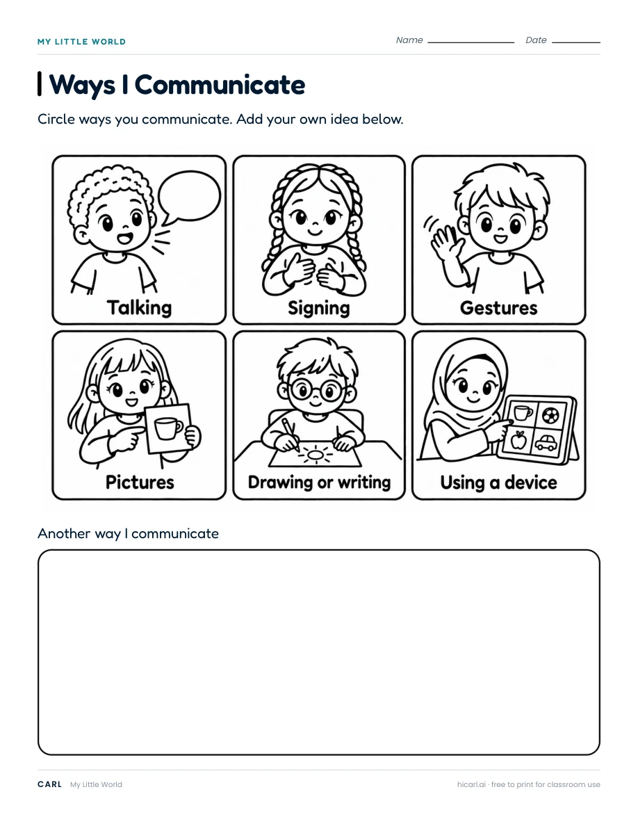 My Little World: Ways I Communicate worksheet preview