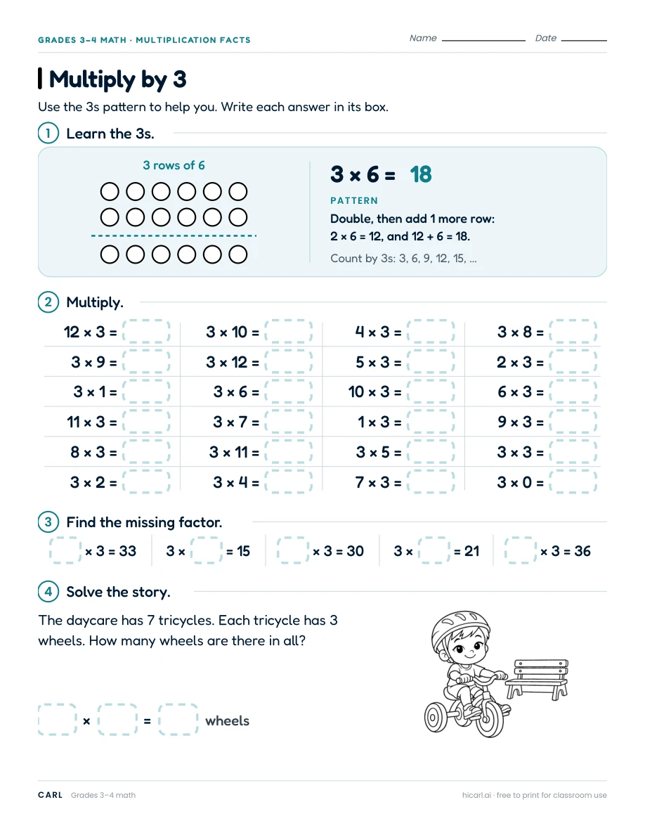 Multiply by 3 worksheet preview